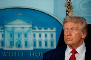 Donald Trump appears during a news conference in the James S Brady Press Briefing Room of the White House